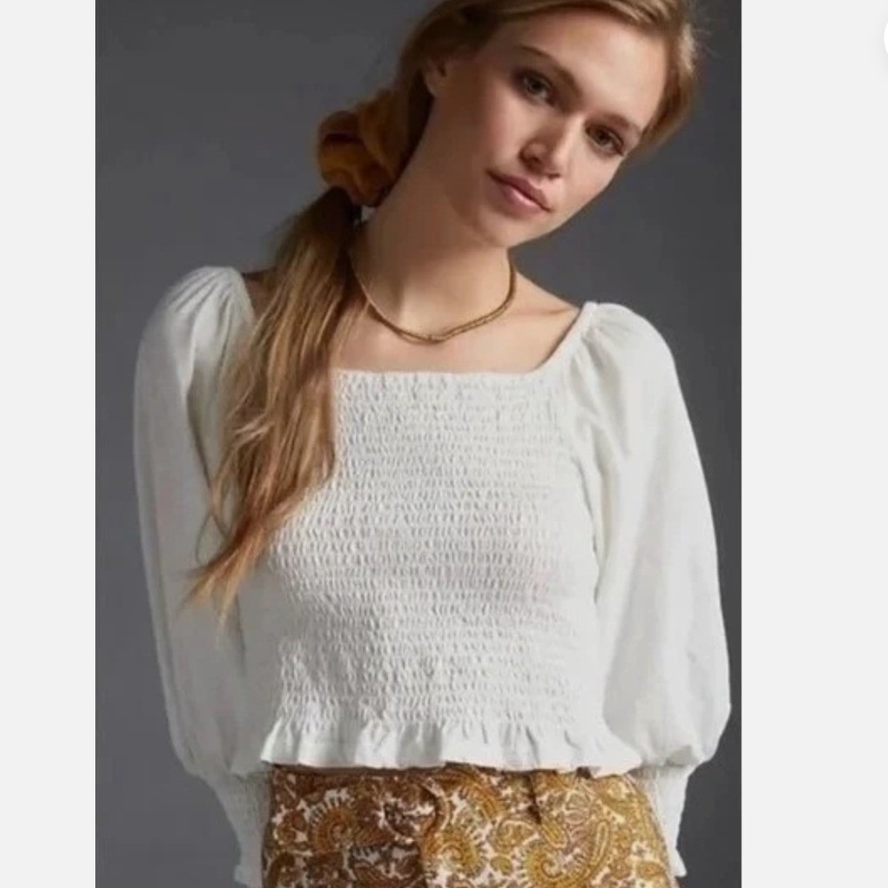 PILCRO Anthropologie Ginny Smocked Crop Top White Peasant Puff Sleeves SZL